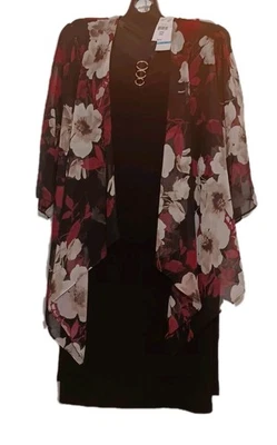 R&K  Size 20W Black Sheath Dress, Black And Wine  3/4 Sleeve Floral Chiffon - Image 1 of 4