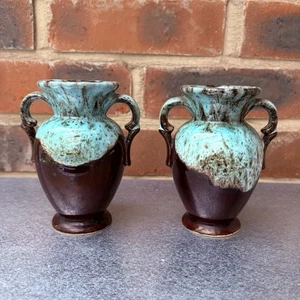 Pair of Vintage Miniature West German Vases Drip Glaze Turquoise Blue Brown 12cm - Picture 1 of 6