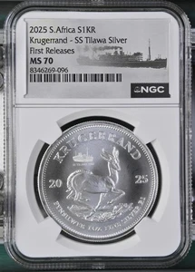 Moneda de Plata 1 Oz 2025 Sudáfrica Krugerrand SS Tilawa NGC MS70 FR Envío Privado - Imagen 1 de 3