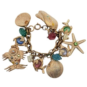 Sea Life VTG Chunky Charm Bracelet Germany Washed Gold-Tone Fish Shells 8" Fun - Picture 1 of 8