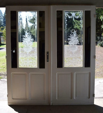 *Pair of Antique French Etched Glass Doors Frosted Stained Glass with Mirrors Cover