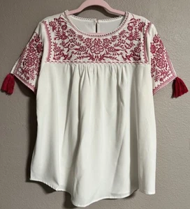 Damen Boutique Bluse weiß fließend mit rosa Stickerei Gr. XL Cottagecore - Bild 1 von 5