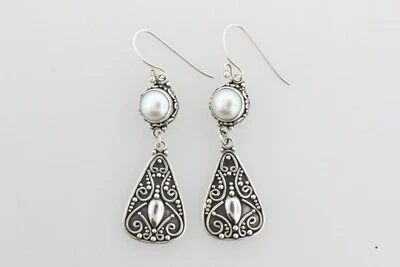 Pendientes colgantes Suarti Bali BA 925 Indonesia plata esterlina perlas filigrana Foto 1 de 4