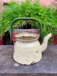 Antique Old Cream Gree Rustic Enamel Porcelain Teapot Tea Kettle - Picture 1 of 9