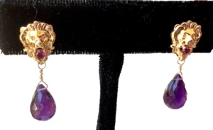 Antique Victorian 14k Lion Tiger Earrings Pink Tourmaline & Amethyst Briolettes - Picture 1 of 5