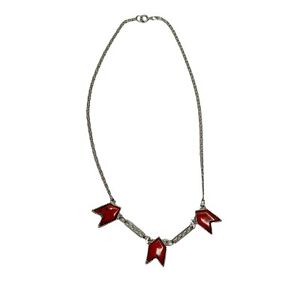 Red Faux Turquoise Triple Arrow Snail Chain Boho Tribal Necklace Silver Tone