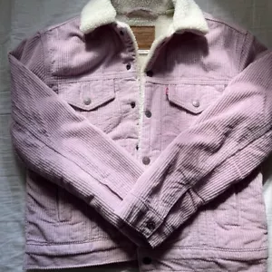 Levi's Jacket Women's Small Pink Ex Boyfriend Sherpa Lined Corduroy Trucker - Picture 1 of 4