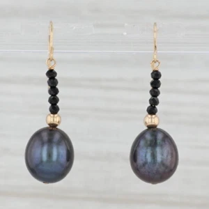 Cultured Black Pearl Cubic Zirconia Earrings 14k Yellow Gold Hook Posts Dangles - Picture 1 of 5
