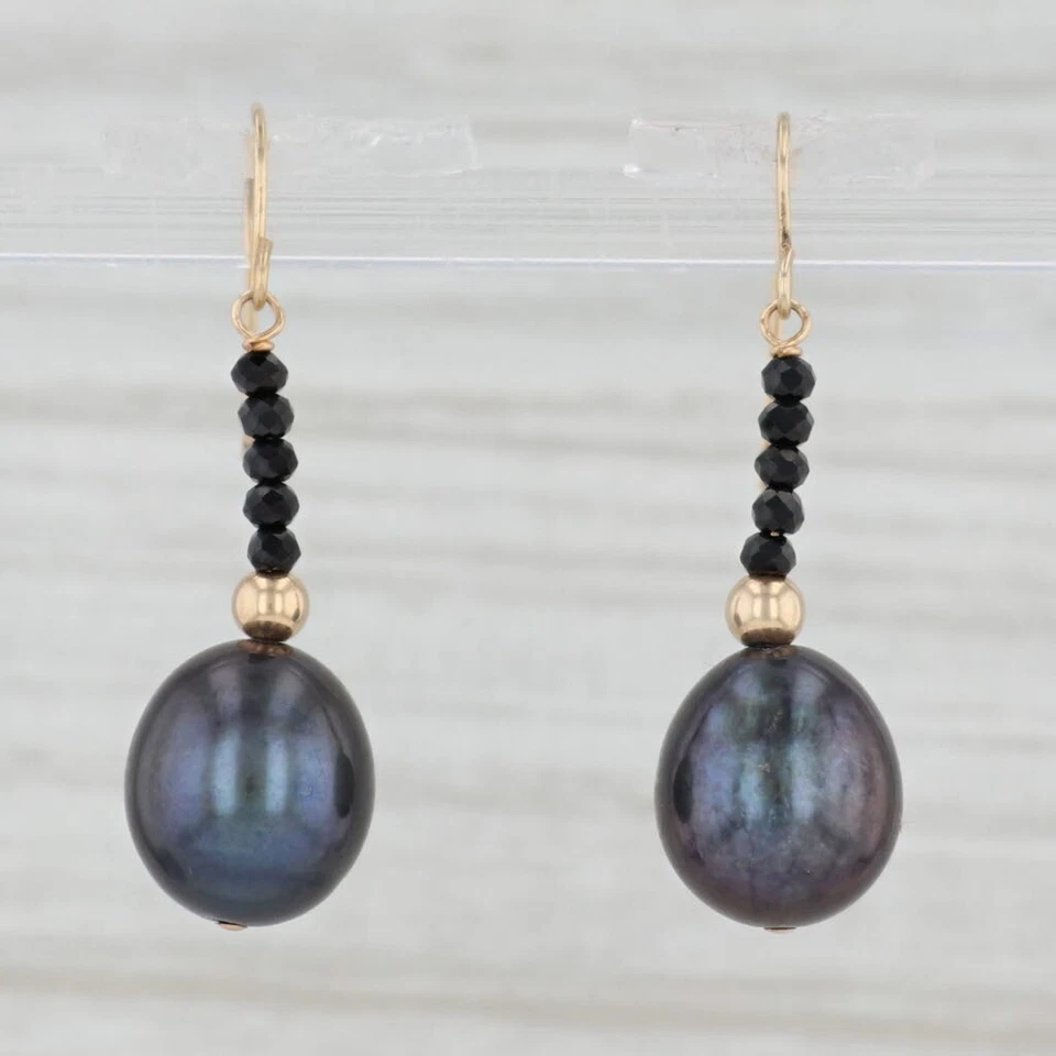 Cultured Black Pearl Cubic Zirconia Earrings 14k Yellow Gold Hook Posts Dangles - Image 1 of 4
