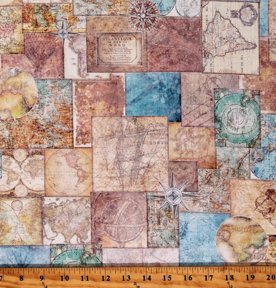 Algodón Mapas del Mundo Viajes Geografía Globetrotter Tela Impresión por Yarda D581.68 Foto 1 de 1