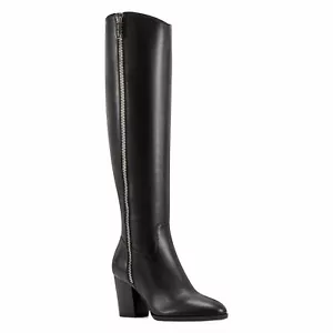 LAST PAIR Nine West NATTY Round Toe Black Leather Block Heel Boots 12M - Picture 1 of 6