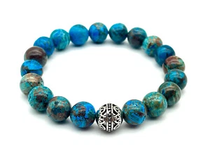 Handmade 10mm Rare Calsilica Jasper Gemstone & .925 Silver Bali Bead Bracelet - Picture 1 of 4