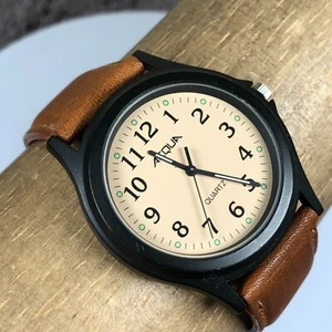 Acqua by Timex Men Beige Dial Black Case Brown Leather 39mm Quartz Watch 7 1/2" - Picture 1 of 14