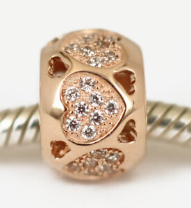 SOLID 9CT 9K ROSE GOLD Fovever Love Heart Bead w 48 Sparkling Cz Fit Bracelet