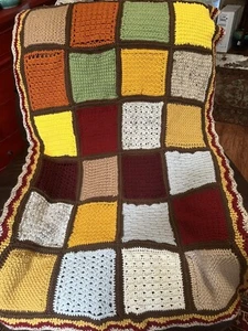 Vtg 70’s Granny Square Afghan Crochet Knit Throw Blanket Rust Brown Red 32x60 - Picture 1 of 13