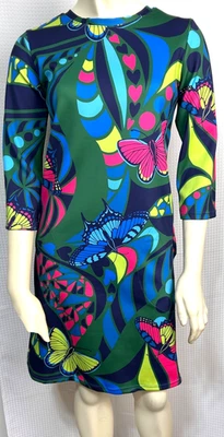 Vestido Lesley Evers Años 70 Disco Inspirado Retro Manga 3/4 Verde Talla S Mariposas Foto 1 de 4