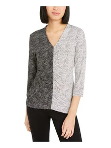 ALFANI Womens Black Printed 3/4 Sleeve V Neck T-Shirt S - Picture 1 of 11