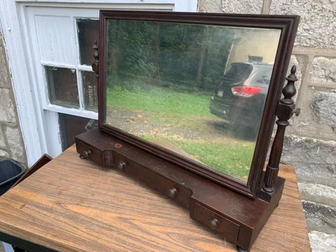 Antique 1800's Dressing Table Vanity Dresser W/ Swing Mirror & 3 Drawers 28" USA Cover