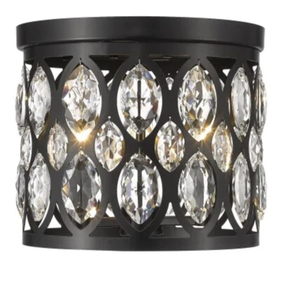 Z-Lite Dealey 3 Flush Mount Drum Ceiling Light Black Clear Crystal Ornaments - Image 1 of 4