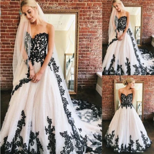Bling Bling Wedding Dresses With Black Lace Applique Sweetheart Strapless Gown - Picture 1 of 9