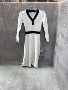 White Knit Mix V Neck Long Knitted Small Sweater Dress - Picture 1 of 2