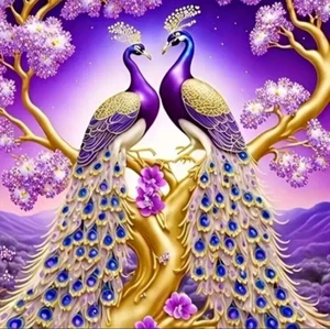 Purple & Glod Peacocks in Tree 5D Diamond Painting Kit Round Acryl Lg 40x40cm - Bild 1 von 11