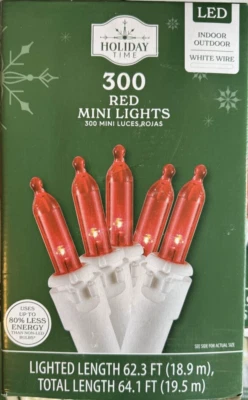Mini luces LED rojas de Navidad Holiday Time 300 quilates cable blanco, 64,1' Foto 1 de 2