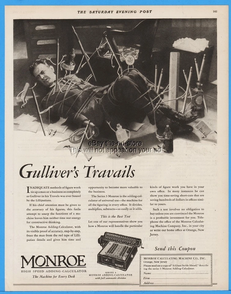 1929 Monroe Adding Calculator Machine Orange NJ Gullivers Travels Office Art Ad - Image 1 of 1