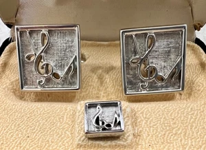 Vintage Swank Strand Cufflink and Tie Pin Set Musical Notes Clef silver tone New - Picture 1 of 4