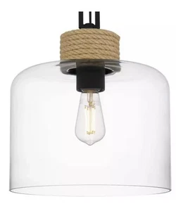 DSI LIGHTING Waelyn 1-Light Matte Black Clear Glass & Rope Shaded Pendant Light - Picture 1 of 6