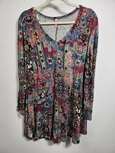 Abito tunica donna Popana colorato stampa azteca manica lunga rayon taglia 2XL - Foto 1 di 12