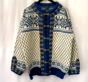 DALE OF NORWAY Snowday Women's Cardigan Sweater Wool Ski Fair Isle Blue Clasps L - Picture 1 of 17