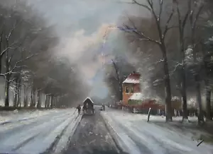 Pintura al óleo antigua LODEWIJK LOUIS APOL (holandesa 1850-1936) años 1880 HOLANDA INVIERNO - Imagen 1 de 15