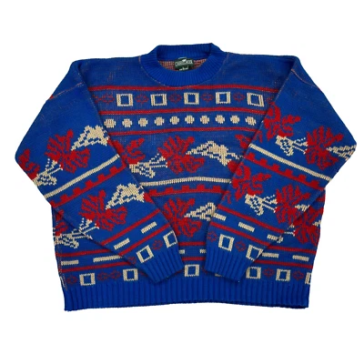 Suéter Grande Vintage Cabin Creek Azul Rojo Estampado Acrílico Cuello Redondo Foto 1 de 4