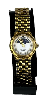 Женские винтажные часы Halston фаза луны золотистый полностью из нержавеющей стали - новый аккумулятор - Изображение 1 из 4