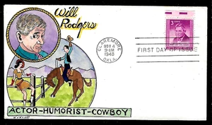 975 3c Stamp (1948) CITIZEN WILL ROGERS (MISSPELLED) HD/HP FDC BY W. N. WRIGHT - Picture 1 of 1
