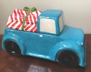 Vintage Blue Pick -Up Truck With Candy Cane Logs Cookie Jar WORLD MARKET NEW - Picture 1 of 11
