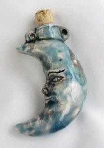 Vintage Hand-Made Pottery Crescent Man in the Moon Face Miniature Bottle Flask - Picture 1 of 7