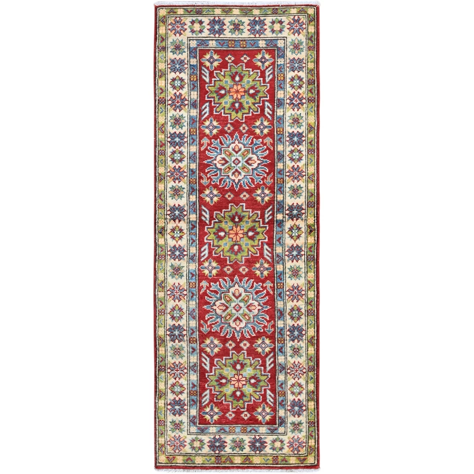 2'x5'10" Red Kazak with Tribal Design Soft Wool Hand Knotted Runner Rug R511 - Image 1 of 4