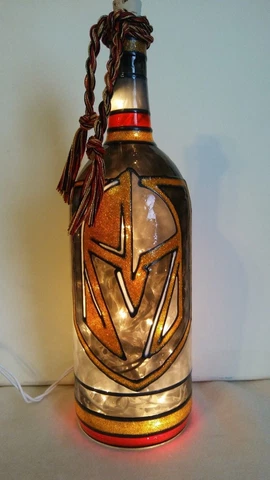 Golden Knights Inspired Bottle Lamp hand painted lighted stained glass look Cover