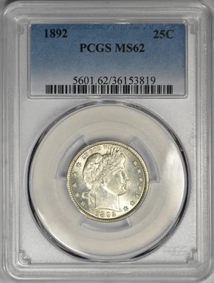 1892 BARBER QUARTER ~ PCGS MS62 ~ BLAST WHITE! - Image 1 of 4