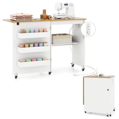 Folding Sewing Table Rolling Craft Station w/ 3 Storage Bins & Charging Station - Image 1 of 4