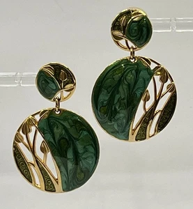 Vintage 90s Berebi Signed Dangle Earrings Gold Tone W/ Green And Teal Enamel - Picture 1 of 9
