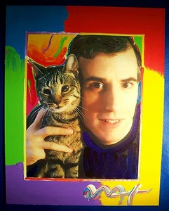 Original Signed Peter Max Painting A Man's Other Best Friend Cat Kitty Unique - Picture 1 of 4