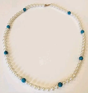 Vintage 14k Gold Closure Pearl Turquoise Beaded Necklace - Picture 1 of 9