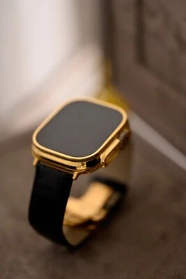 24k Gold Plated Apple Watch ULTRA 2 49mm Black Leather Band 24k Gold Buckle - Image 1 of 4