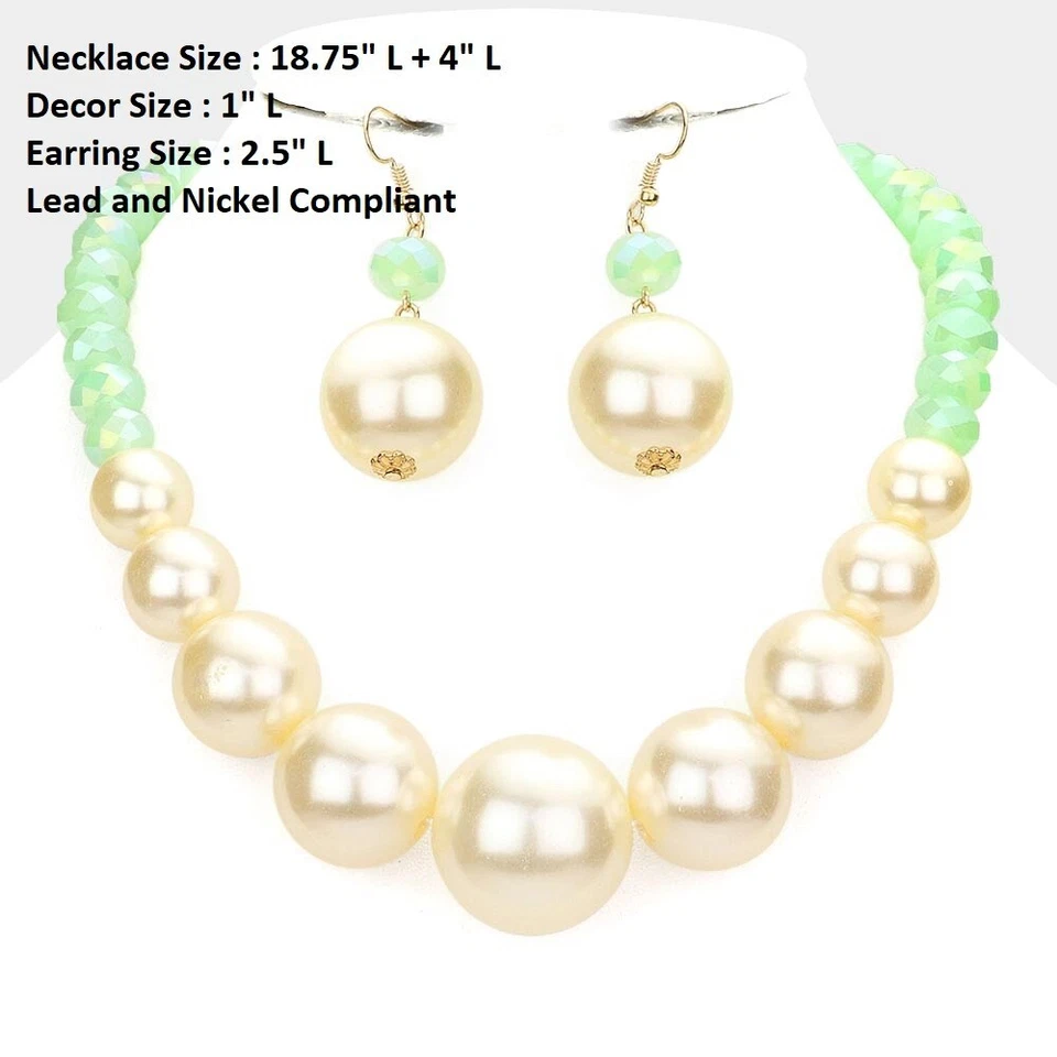 Collar largo de 1 fila de perlas con cadena de oro crema menta bola llamativa Foto 1 de 1