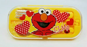 Sesame Street Elmo Bento Lunch Chopsticks Fork Spoon Utensil Set Case Yellow - Picture 1 of 12