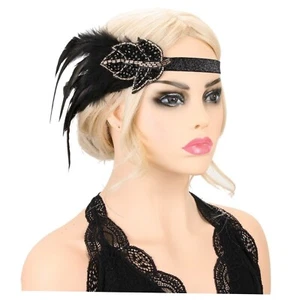 Black Headband Feather & Sequins 1920's Great Gatsby Costume Party - Picture 1 of 1