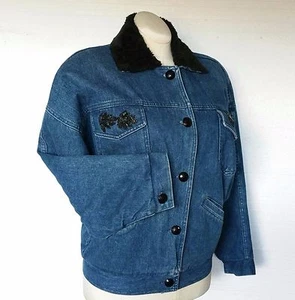 Womens Jean Jacket Coat Blue Denim Jacket Sequin Leaves Lined Bomber Style Sz M - Picture 1 of 12